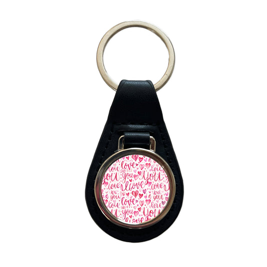 I Love You Script Pink Black Leather Metal Keychain
