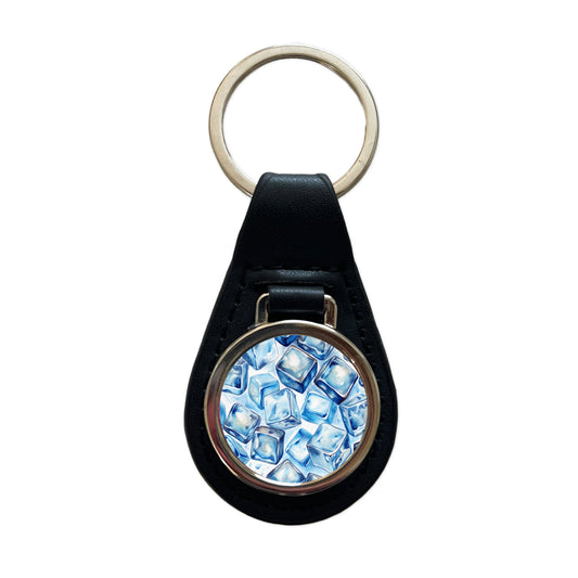 Ice Cubes Watercolor Black Leather Metal Keychain