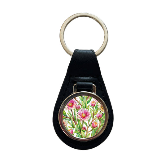 Ice Plant Flowers Watercolor Black Leather Metal Keychain