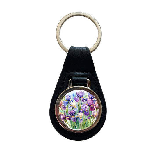 Iris Purple Pretty Flowers Watercolor Black Leather Metal Keychain