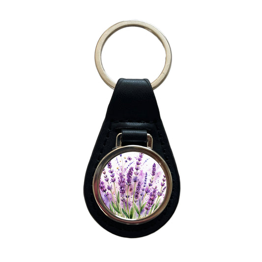 Lavender Flowers Watercolor Black Leather Metal Keychain