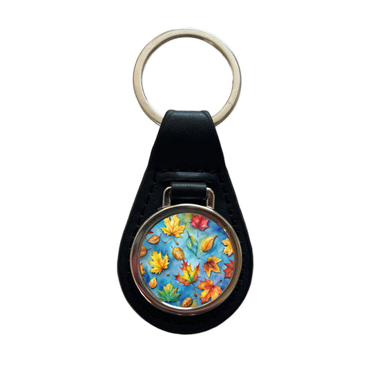 Leaves Blue Background Watercolor Black Leather Metal Keychain