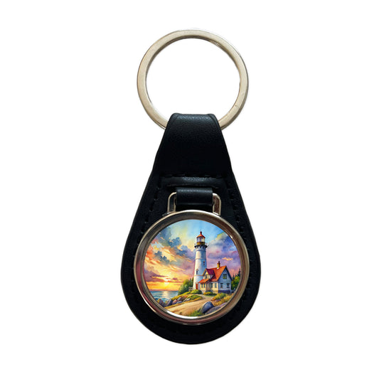 Lighthouse Beautiful Sky Watercolor Black Leather Metal Keychain
