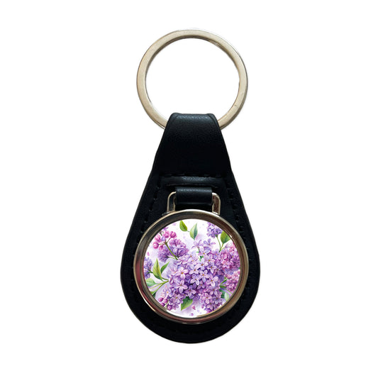 Lilac Flowers Watercolor Black Leather Metal Keychain