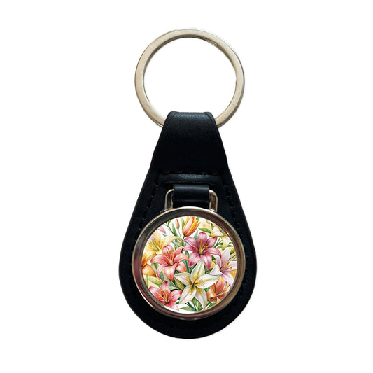 Lilies Lily Flower Watercolor Black Leather Metal Keychain