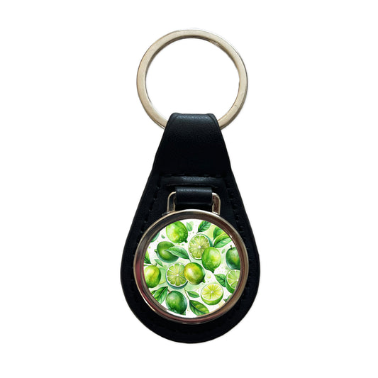 Limes Fruit Watercolor Black Leather Metal Keychain