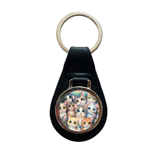 Lots Of Adorable Cats Watercolor Black Leather Metal Keychain