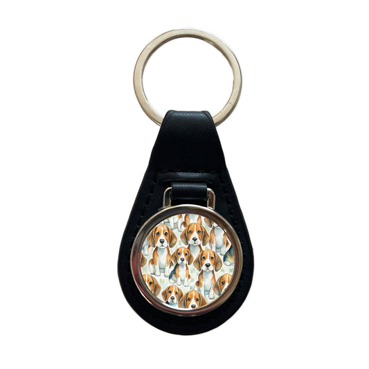 Lots Of Beagles Dogs Cute Black Leather Metal Keychain