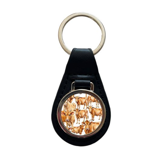 Lots Of Brown Cows Black Leather Metal Keychain