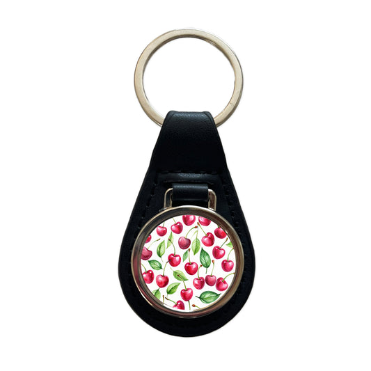 Lots Of Cherries Black Leather Metal Keychain