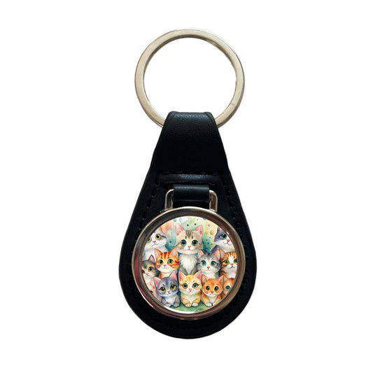 Lots Of Cute Cats Watercolor Black Leather Metal Keychain