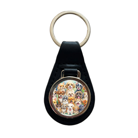 Lots Of Cute Dogs Watercolor Black Leather Metal Keychain