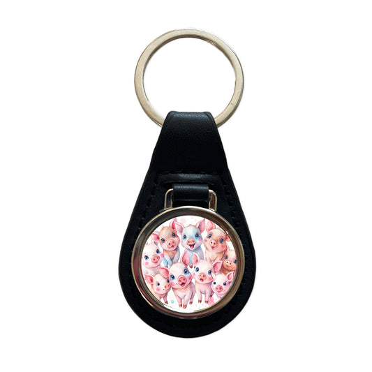 Lots Of Cute Pigs Watercolor Black Leather Metal Keychain