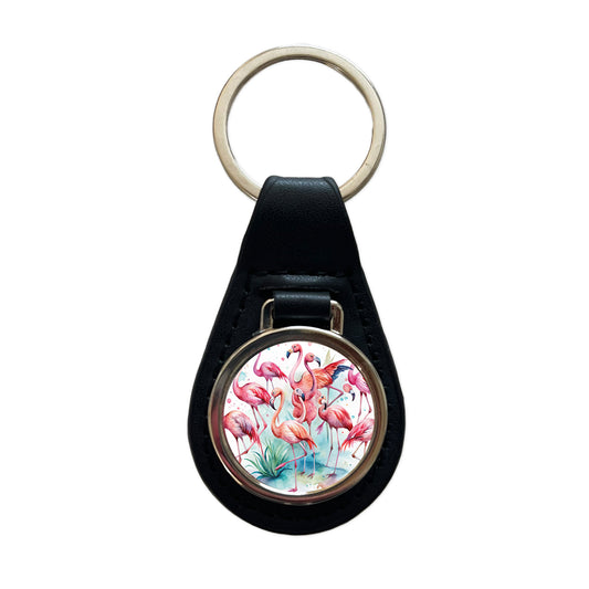 Lots Of Flamingos Watercolor Black Leather Metal Keychain