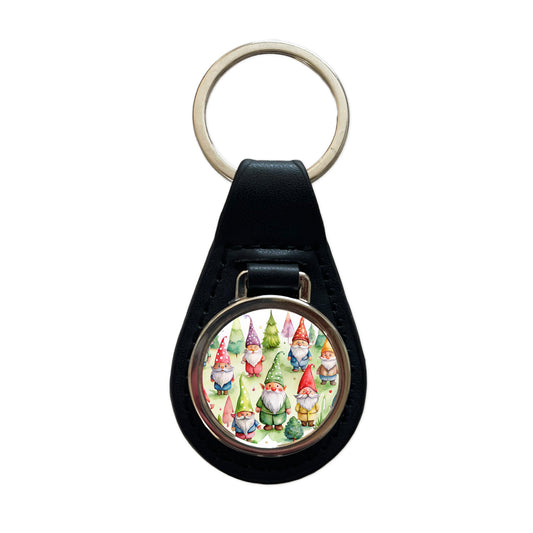 Lots Of Gnomes Watercolor Black Leather Metal Keychain