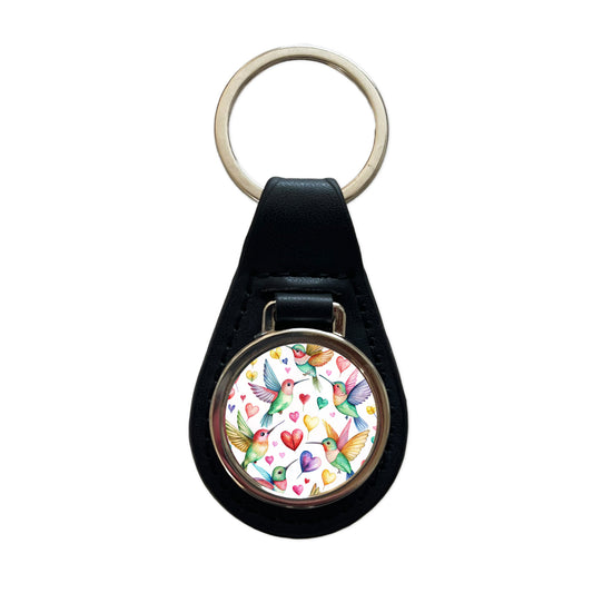 Lots Of Hummingbirds And Hearts Black Leather Metal Keychain