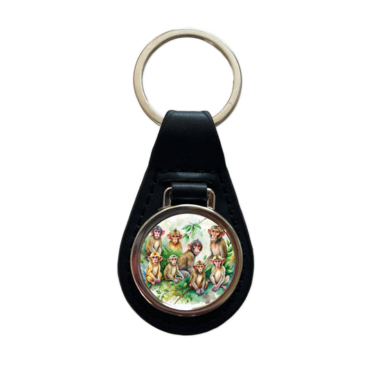 Lots Of Monkeys Watercolor Black Leather Metal Keychain