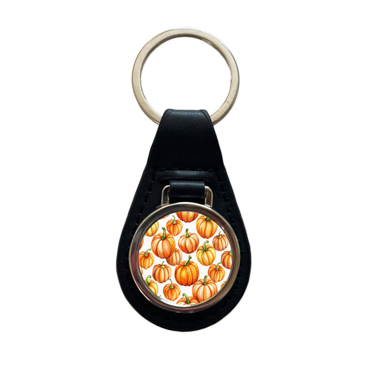 Lots Of Orange Pumpkins Fall Autumn Halloween Black Leather Metal Keychain