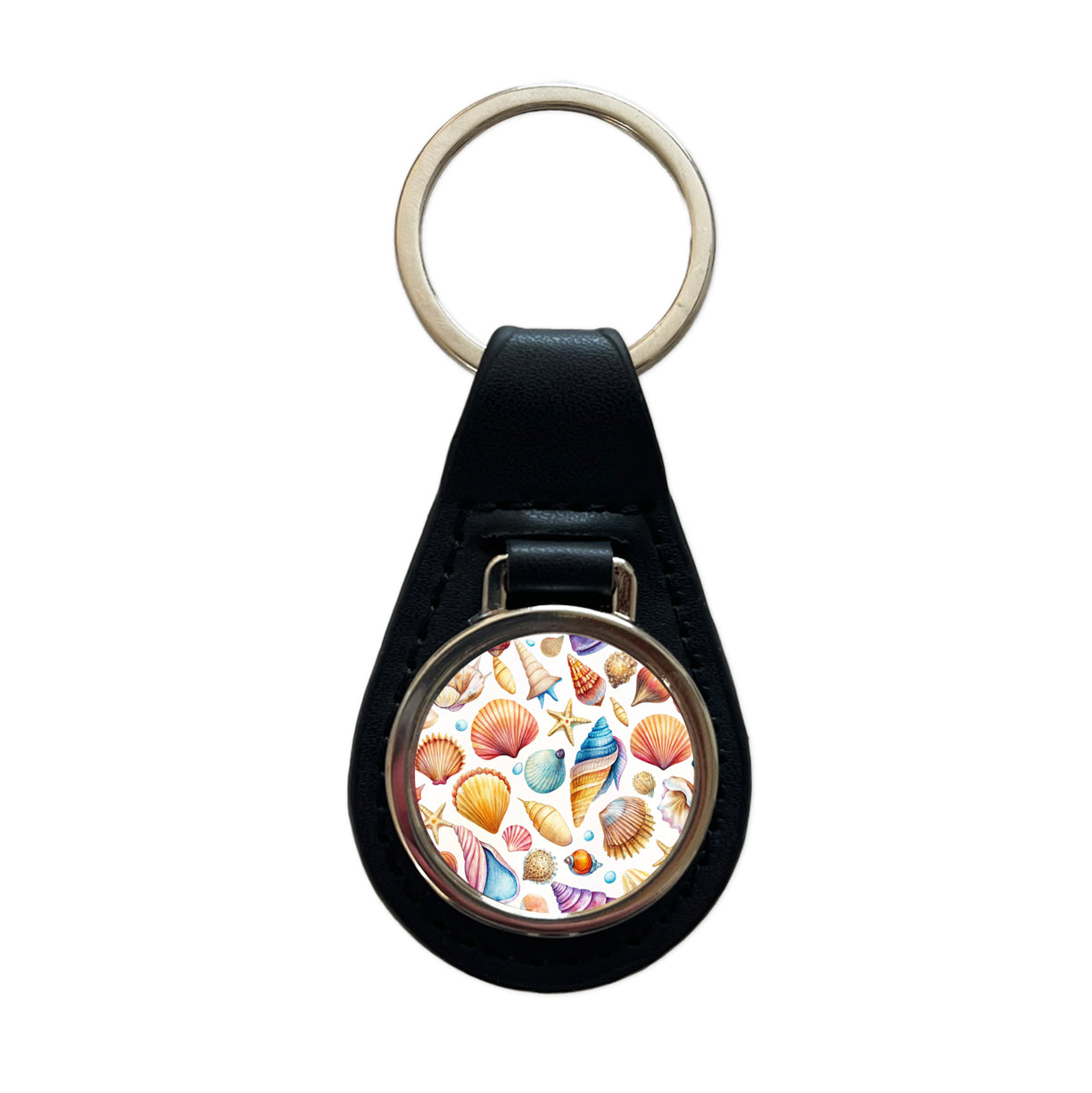 Lots Of Shells Beach Ocean Black Leather Metal Keychain