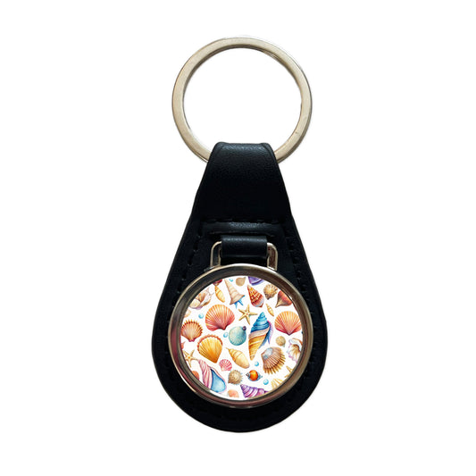 Lots Of Shells Beach Ocean Black Leather Metal Keychain