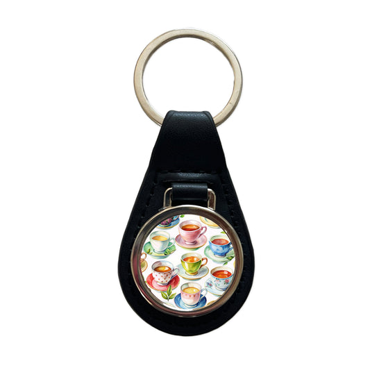 Lots Of Tea Cups Black Leather Metal Keychain
