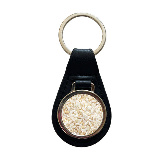 Lots Of White Rice Black Leather Metal Keychain