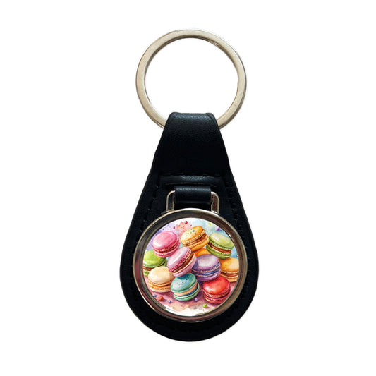 Macaron Cookies Watercolor Black Leather Metal Keychain