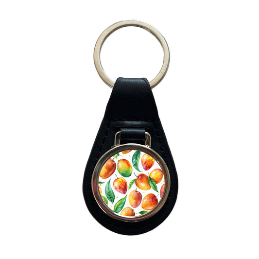Mangos Fruit Watercolor Black Leather Metal Keychain