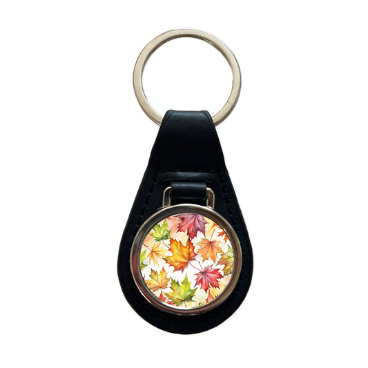 Maple Leaves Watercolor Black Leather Metal Keychain