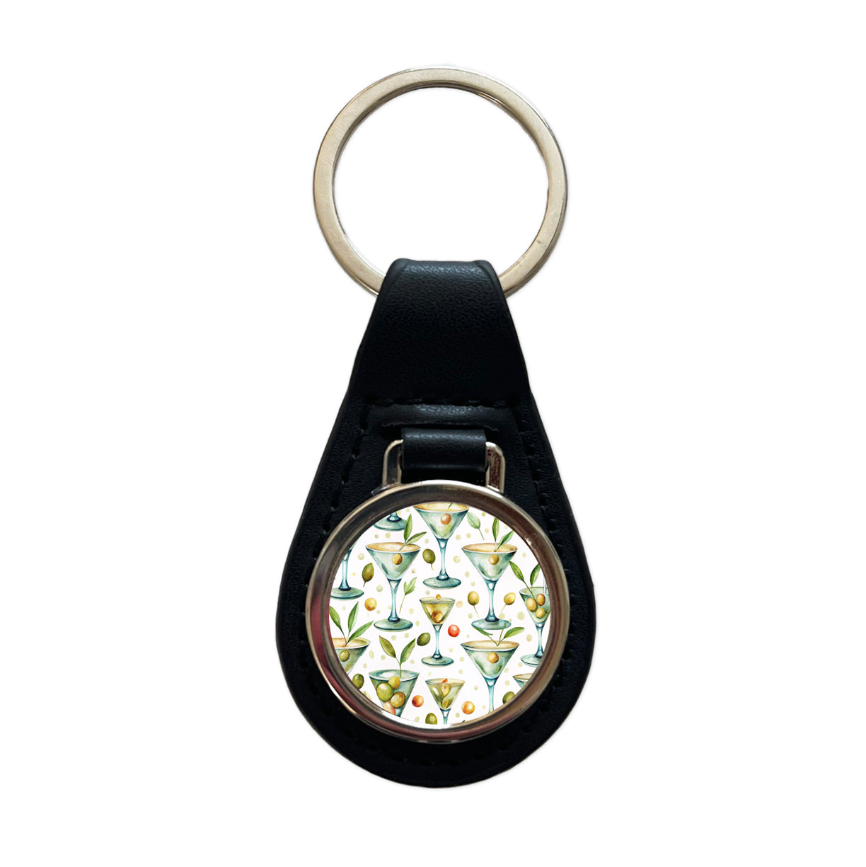 Martinis With Olives Alcohol Black Leather Metal Keychain
