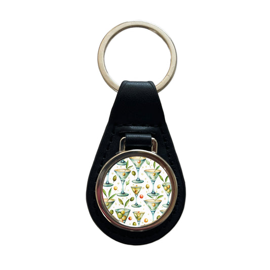 Martinis With Olives Alcohol Black Leather Metal Keychain