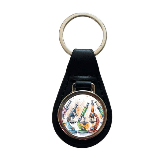 Microscopes Science Scientist Lab Biology Teacher Black Leather Metal Keychain