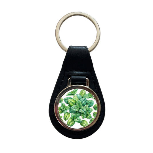 Mint Leaves Watercolor Black Leather Metal Keychain