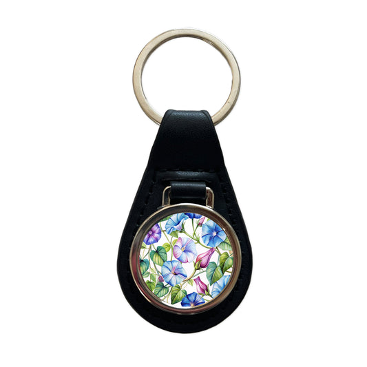 Morning Glories Flowers Watercolor Black Leather Metal Keychain
