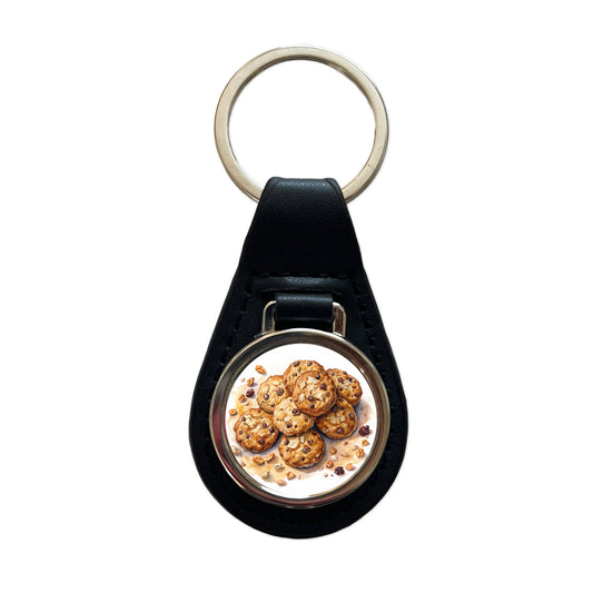 Oatmeal Raisin Cookies Black Leather Metal Keychain