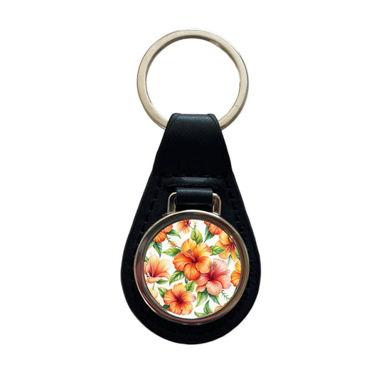 Orange Hibiscus Flowers Watercolor Black Leather Metal Keychain