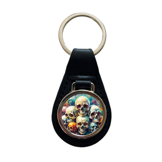 Overlapping Skulls Watercolor Black Leather Metal Keychain