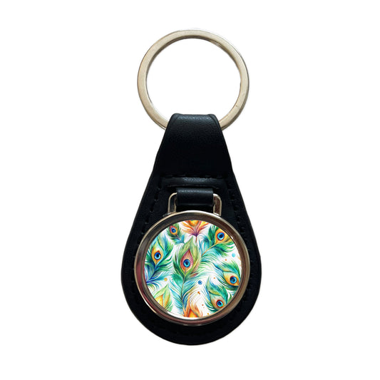 Peacock Feathers Watercolor Black Leather Metal Keychain