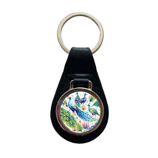 Peacocks Beautiful Birds Watercolor Black Leather Metal Keychain