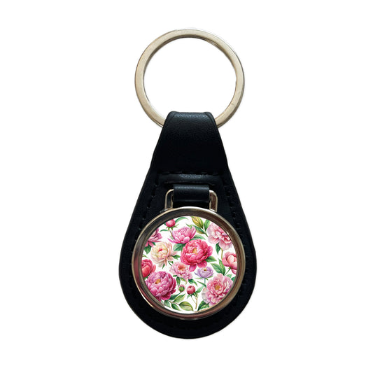 Peonies Pink Flowers Watercolor Black Leather Metal Keychain