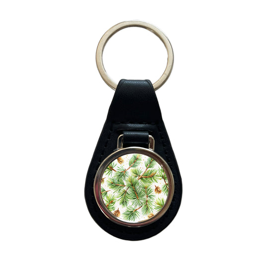 Pine Needles Watercolor Black Leather Metal Keychain