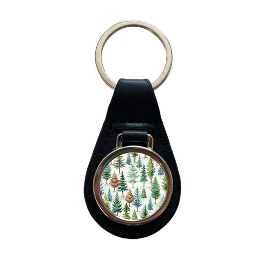 Pine Trees Forest Black Leather Metal Keychain