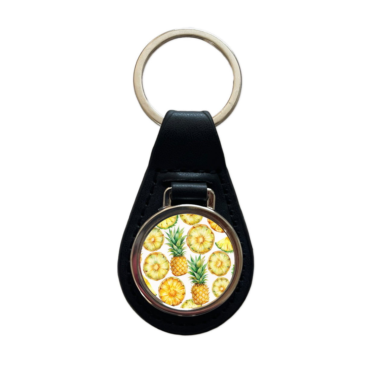 Pineapple Slices Fruit Black Leather Metal Keychain