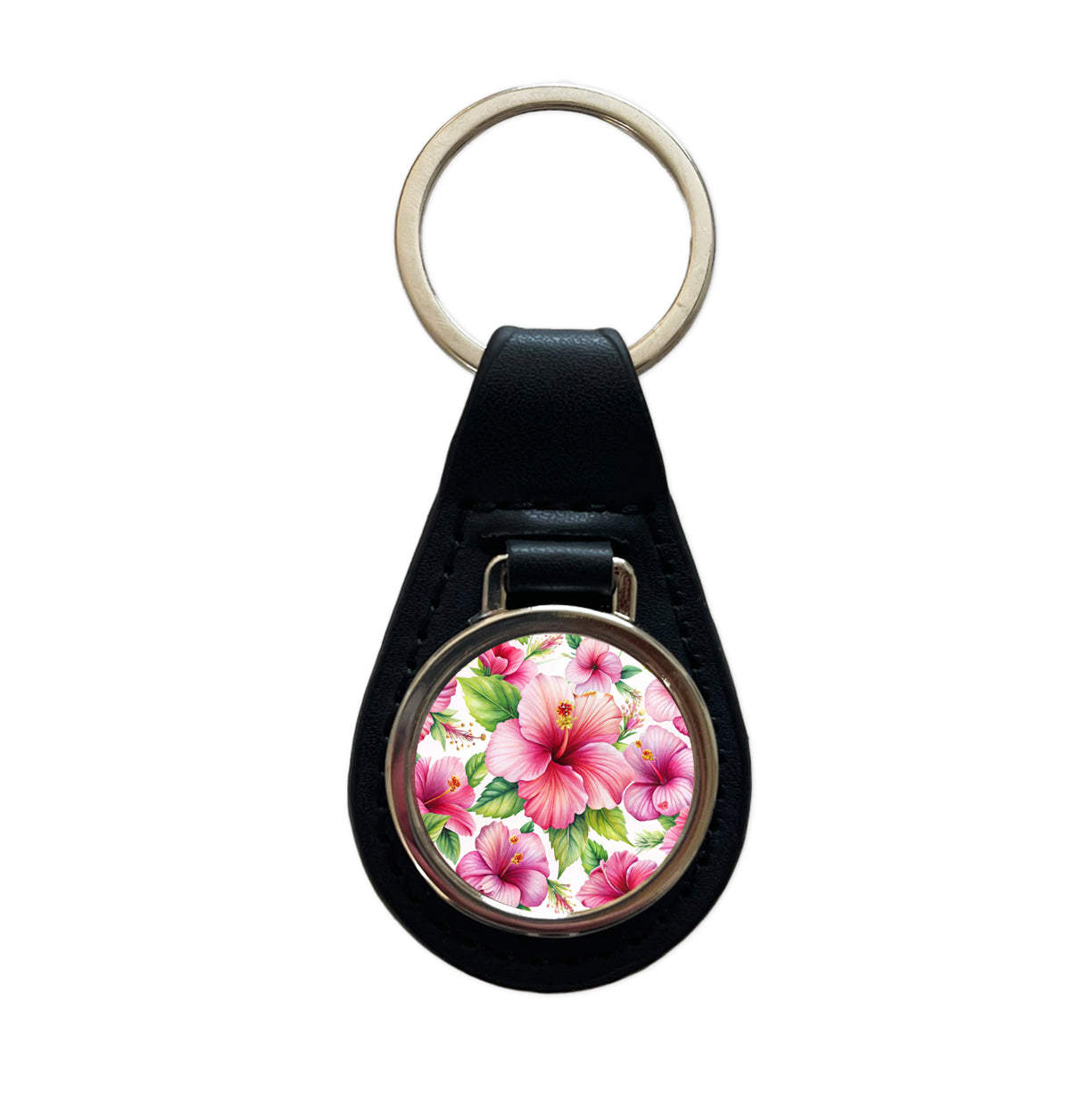 Pink Hibiscus Tropical Flowers Watercolor Black Leather Metal Keychain