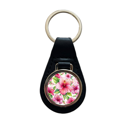 Pink Hibiscus Tropical Flowers Watercolor Black Leather Metal Keychain