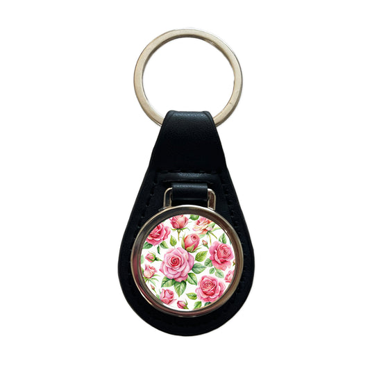 Pink Roses Flowers Watercolor Black Leather Metal Keychain