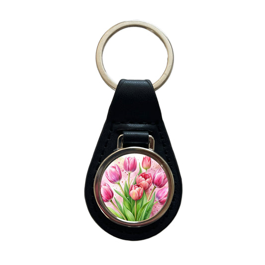 Pink Tulips Flowers Watercolor Black Leather Metal Keychain