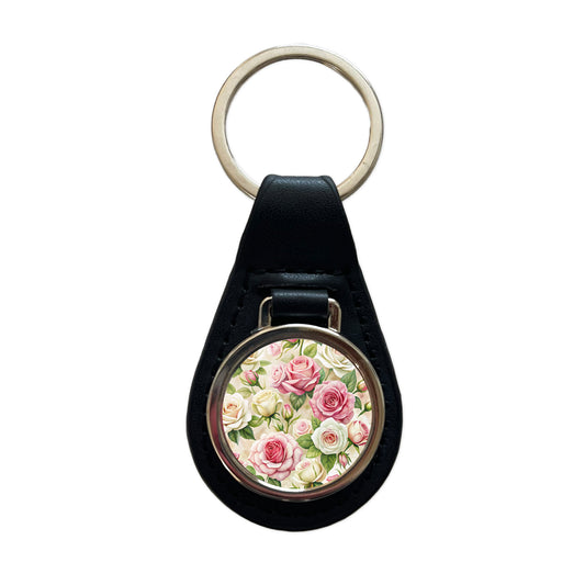 Pink White Roses Flowers Watercolor Black Leather Metal Keychain