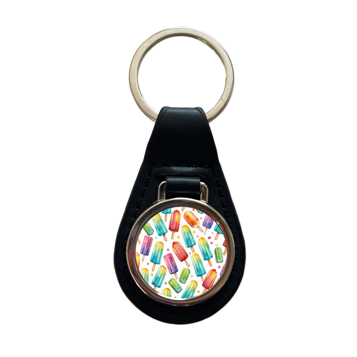 Popsicles Fun Colorful Black Leather Metal Keychain