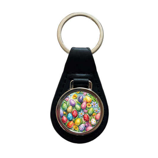 Pretty Easter Eggs Flowers Watercolor Black Leather Metal Keychain